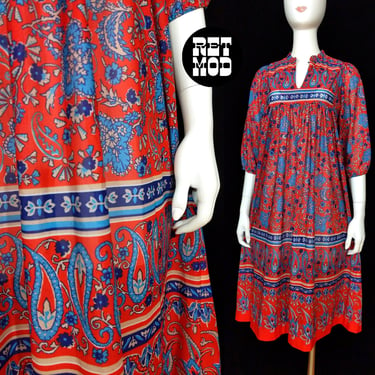 Lovely Vintage 70s Red Blue Paisley Border Print Boho Dress 