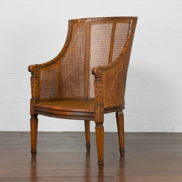 19th Century French Neoclassical Louis XVI Style Cane Walnut Bergere Armchair 