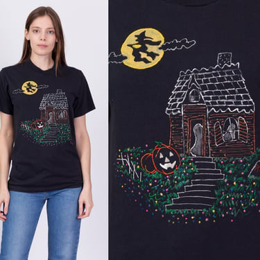 Vintage Haunted House Tee - Unisex Small | 80s 90s Black Halloween Painted Graphic T Shirt 