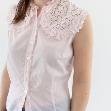 Vintage Pink Cotton Eyelet Semi Sheer Romantic Blouse | Ruffle Edge Shirt | XS S | 