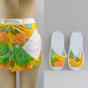 Unworn 60s Terrycloth Swim Cover-Up & Slippers Set by Weldon –  Floral Wrap Summer Beach Skirt  – Unused with Tags – Adjustable Waist - S/M 
