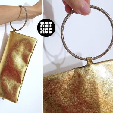 Unique Vintage 80s 90s Shiny Gold Flat Foldover Purse with Wristlet Bracelet 