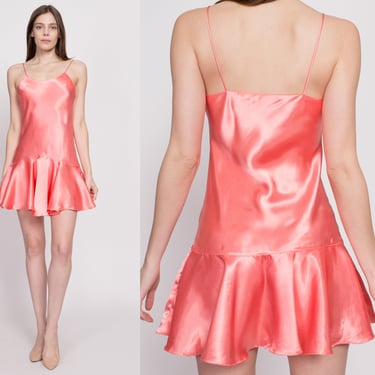 90s Victoria's Secret Coral Pink Satin Slip Dress - Small | Vintage Drop Waist Mini Lingerie Nightie 