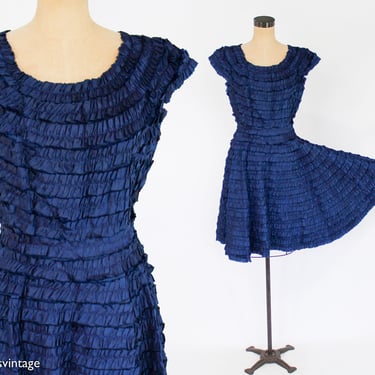 1940s Navy Taffeta Party Dress | 40s Blue Ruffles Cocktail Dress | Medium 