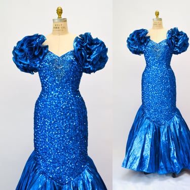 Vintage 80s Prom Sequin Dress Sequin Ball Gown BLUE xs Small Mike Benet// 80s Vintage Metallic Sequin Gown Drag Queen Princess Pageant Dress 