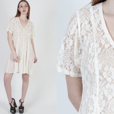 90s White Sheer Gypsy Lace Grunge Dress 