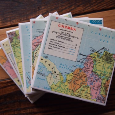 1963 Vintage Colombia Map Coaster Set of 6. Bogota Map. Vintage South America Gift. Cartegena Map Medellin Gift. Colombian Decor Travel Gift 
