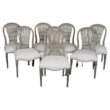 Fine Set 8 Maison Jansen Distressed Paint Decorated Balloon Back Dining Chairs
