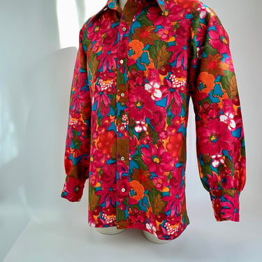 1960'S Trippy Floral Shirt - Colorful Print in a Poly Crepe - Long Lapels, Puffy Sleeves & Double Buttoned Cuffs - Handmade - Men's LARGE 