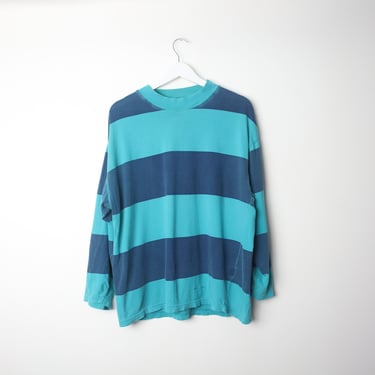 vintage 1980s 90s BIG stripe slouchy teal/blue faded oversize vintage long sleeve shirt -- size large 