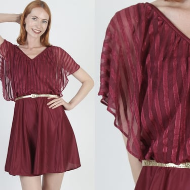 70s Disco Dance Short Dress, Silky Burgundy Color Split Sleeves, Loosefitting Cocktail Lounge Party Mini 