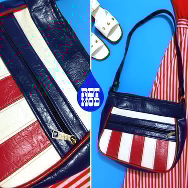 Iconic Pop Vintage 60s 70s Red White Blue Stripe Vinyl Shoulder Purse 