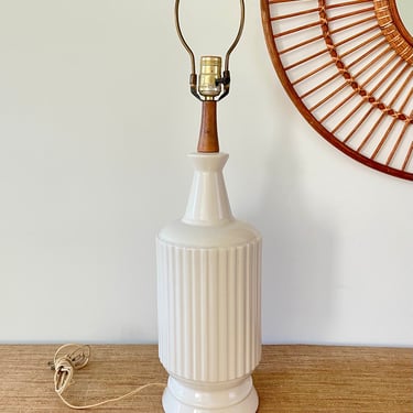Vintage Tall Cream Ceramic Table Lamp with Wood - Mid Century Modern 