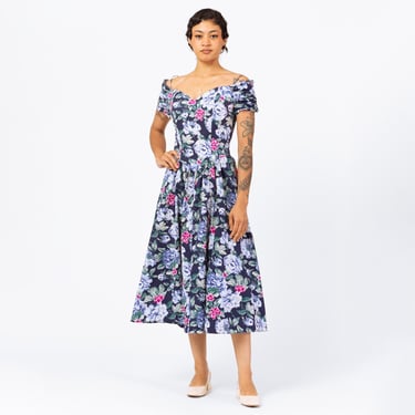 Vintage 80s Blue Floral Off-Shoulder Fit & Flare Midi Dress - Small to Medium | Boho Basque Waist Cottagecore Garden Party Dress 