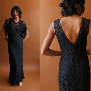 Vintage 30s Black Lace Gown with Cold Shoulder Bolero Jacket/ Size Medium 