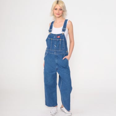 Vintage Dickies Overalls Blue Denim Utility Hammer Loop 90s Bib Overall Pants Dungarees Workwear Jean Carpenter 1990s Men's 32 x 34 Small 