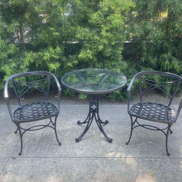 Brown Jordan 3 piece patio set | cast aluminum | two chairs, one table | neoclassical garden 