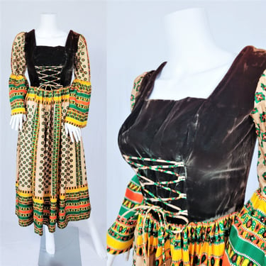 Woodland Nymph 1970's Brown Velvet Lace Up Corset Top Silky Prairie Dress I Sz Sm 