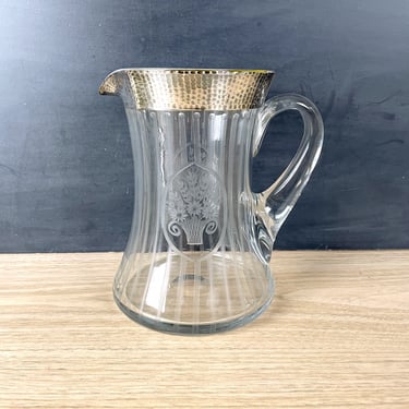 Striped floral pitcher with hammered silver overlay rim - 1920s vintage 