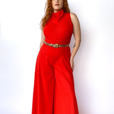 1970s Red Sleeveless Cowl Neck Jumpsuit sz. M/L