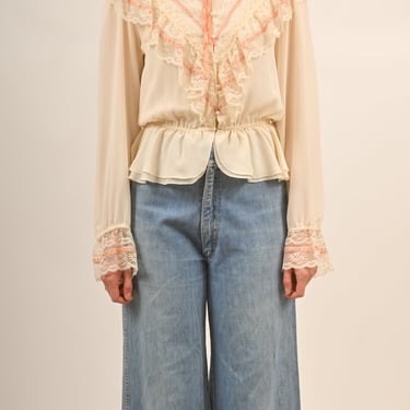 1980s Does Victorian Lace Blouse with Balloon Sleeves