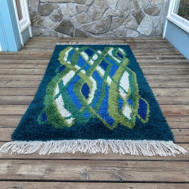 Large blue-green rya rug / 7'x3.5' MCM vintage Scandinavian wool area rug / 1960s handmade retro shag 