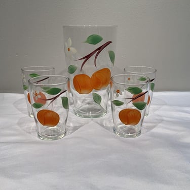 4 hand painted Tropicana Orange Juice Glasses and Pitcher, retro kitchen decor, MCM kitchenware, summer glassware, gifts for orange lovers 