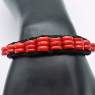 70's bamboo coral macrame hippie bracelet, bright red beads silver tone button clasp boho festival wristlet 