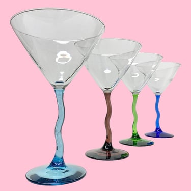 Vintage Martini Glasses Retro 1990s Contemporary + Colorful Glass + Wavy Stems + Set of 4 + Barware + Modern Glassware + Drinking Alcohol 