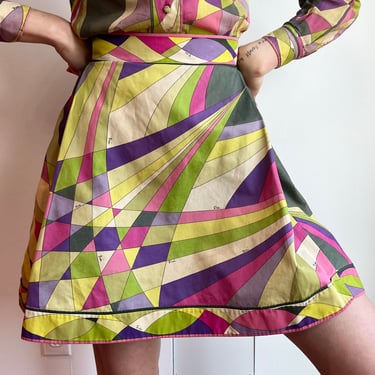 60’s Emilio Pucci Saks Fifth Ave Sage Green Pink Purple Psychedelic Cotton Canvas Mini Skirt