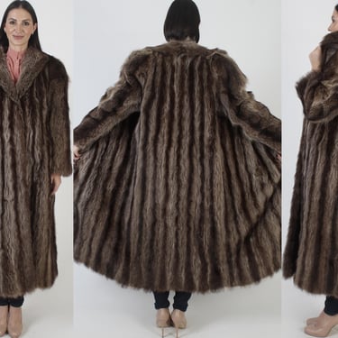 Full Length Real Raccoon Fur Jacket, Shaggy Brown Winter Overcoat, Long 70s Maxi Outdoors Coat 