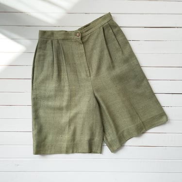 high waisted shorts | 80s 90s vintage Carlisle sage green woven silk pleated trouser shorts 
