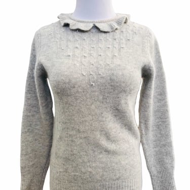 1980's Grey Wool Angora Sweater with Ruffled Neckline and Pearls