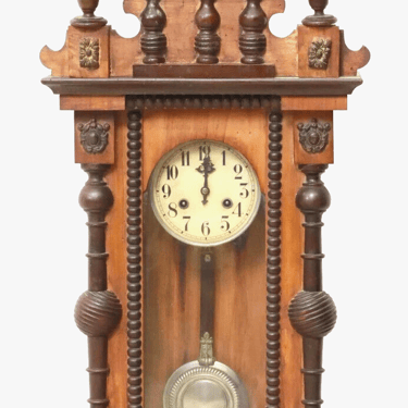 Antique Clock, Wall, German Regulator In Glazed Wood Case, Figural Crest, 1800s