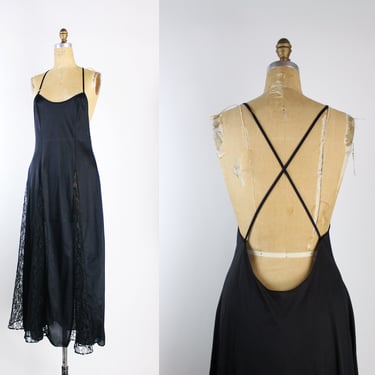 70s Black Lace Slip Dress / Open Back Slip Dress / Vintage Nightgown / Size M/L 