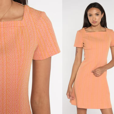 60s Mod Mini Dress Orange Striped Dot Dress Shift Dress Twiggy 70s Vintage Go Go Short Sleeve Space Age Gogo Minidress Small 