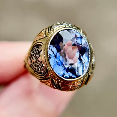 Antique Art Deco 14K Tricolor Gold Periwinkle Syn. Sapphire Ring Sz 5.75-6, 5.1g 