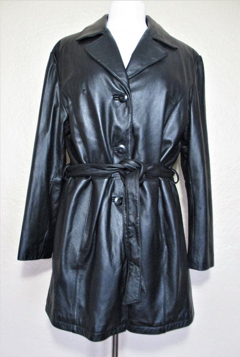 Vintage 1990s Wilsons Leather Short Trench Coat, Medium Women, black ...