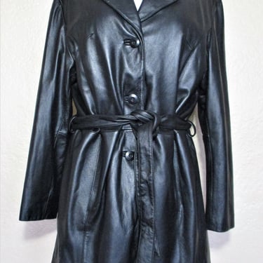 Vintage 1990s Wilsons Leather Short Trench Coat, Medium Women, black leather coat, removable liner 