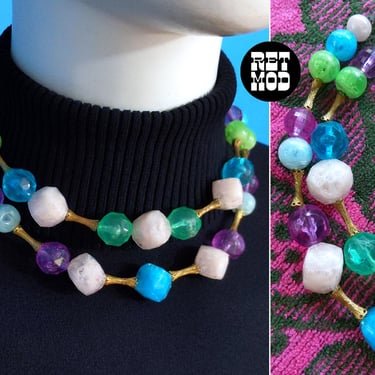 Unique Vintage 60s Teal Green Purple BlueGold Beaded 2-Strand Statement Necklace 