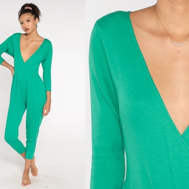 Green Tapered Jumpsuit 80s Deep V Neck Wrap Playsuit High Waisted Romper Pants Basque Waist 1980s Vintage Pantsuit 3/4 Sleeve Small Medium 