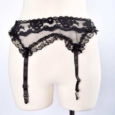 70's Black Lace Bows Vintage Garter Belt Lingerie Sheer 1970's Metal Garters 