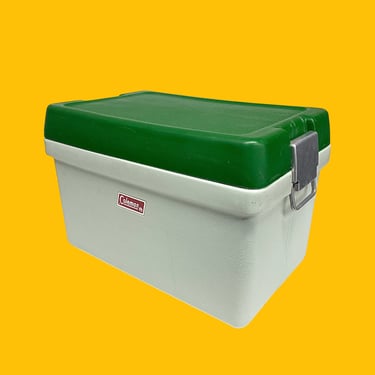 Vintage Coleman Cooler Retro 1970s Mid Century Modern + Mint and Green + Plastic + Silver Metal Side Handles + Food + Drink + Ice + Outdoors 
