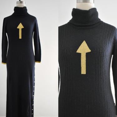 1970s Gold Arrow Black Sweater Maxi Dress 