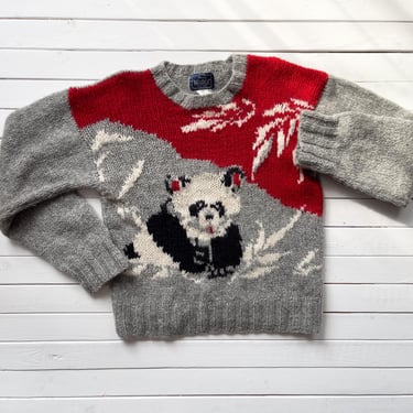 gray wool sweater 80s 90s vintage Woolrich panda bear intarsia novelty sweater 