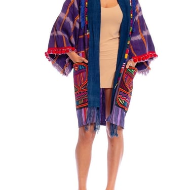 MORPHEW COLLECTION Purple African Indigo Unisex Duster Beach Coat With South American Hand Done Detailing 