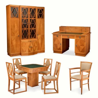 Rare circa 1920 Art Deco Josef Hoffman Style Salon Suite Set, Tanker Desk Bookcase Center Games Table & Chairs 
