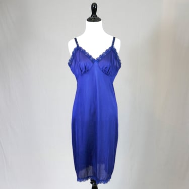 80s Royal Blue Slip - Lace Trim Bodice and Hem - Full Nylon Dress Slip - Lorraine - Vintage 1980s - Size Tall 38 