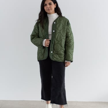 Vintage Green Liner Jacket | White Buttons | Wavy Quilted Nylon Coat | L | LI063 