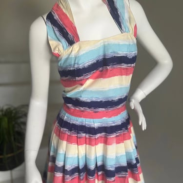Super Summer 1950s Halter Neck Dress Stripes Full Skirt Colorful 36 Bust Vintage 